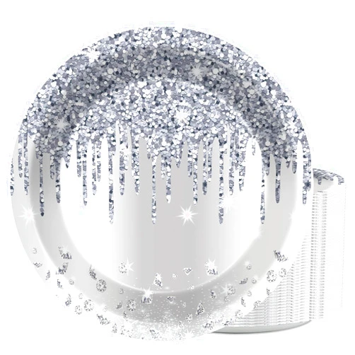 ZOIIWA 48 PCS Silver Glitter Plates for Glitter Diamonds Happy Birthday Decorations 7