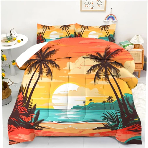 AyPoint Ocean Beach Comforter Set King Size, Hawaiian Summer Beach Palm Trees in Sunset Bedding Set for Adult Kids, Soft Microfiber Orange Home Decor, 3 Pieces - 1 Comforter + 2 Pillowcases