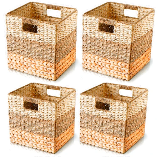 Chi An Home 13x13 Storage Cube Bins, Wicker Storage Basket for Cube Shelf, Natural Foldable Cube Storage Bin, Cube Storage Baskets, Large Woven Baskets, Square Wicker Baskets for Organizing Set of 4