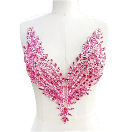SimBae Pure Handmade Rhinestones Beads Applique sew on Crystal Sequins lace Trim Patches Accessories for Dress Clothing Neckline Shiny Bead Decorative Material 13.7X9.4inches (Pink)