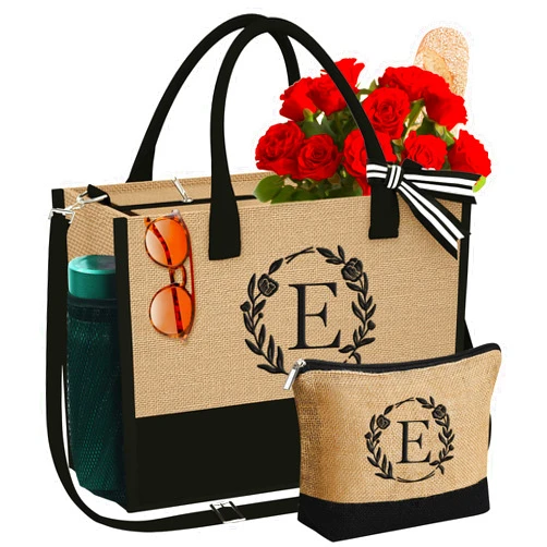 YOOLIFE Personalized Gifts for Women - Initial Jute Tote Bag & Makeup Bag, Birthday Gifts for Women Mom Wife Teacher Friend