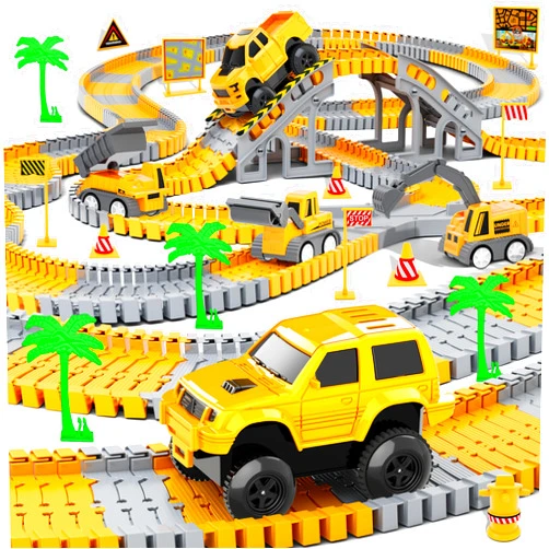 Hony Kids Toys 253 PCS Construction Race Tracks Toy for 3 4 5 6 7 8 Year Old Boys Girls, 5 PCS Construction Truck Car and Flexible Track Play Set Create A Engineering Road Games Toddler Toys Birthday Gifts