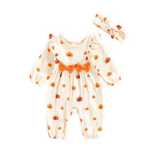 SAYOO Newborn Baby Girl Halloween Outfit Cotton Linen Pumpkin Jumpsuit Romper Ruffle Sleeve Bodysuit Long Overalls with Bow