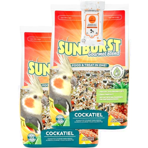 Aurora Pet Bundle (2) Higgins Sunburst Gourmet Blend Cockatiel Bird Food (3 lb Each) with AuroraPet Wipes