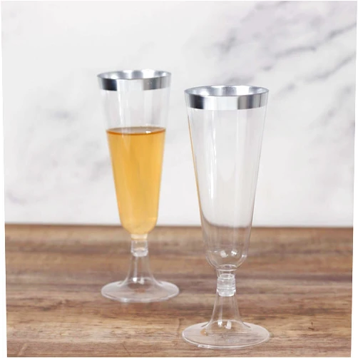 Efavormart.com Efavormart 12 Pack Silver Rim Clear Short Stem Plastic Champagne Glasses, Disposable Trumpet Flutes With Detachable Base 5oz