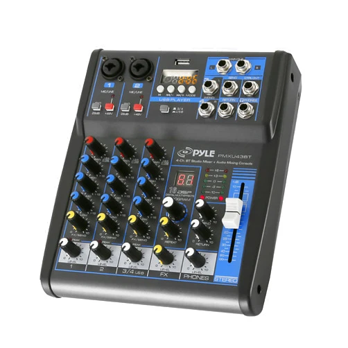 Pyle Professional Audio Mixer Sound Board Console System Interface 4 Channel Digital USB Bluetooth MP3 Computer Input 48V Phantom Power Stereo DJ Studio Streaming FX 16-Bit DSP processor-PMXU43BT