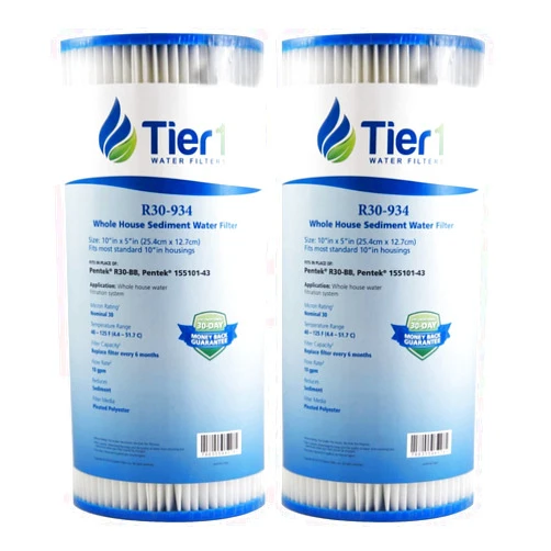 Tier1 30 Micron 10 Inch x 4.5 Inch | 2-Pack Pleated Polyester Whole House Sediment Water Filter Replacement Cartridge | Compatible with Pentek R30-BB, 155101-43, RS6, SPC-45-1030, Home Water Filter