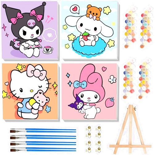 Sretoul 4 Pack Cartoon Paint by Numbers Kit for Kids with Frame - Wooden Easel, Cute Kids Paint by Numbers Ages 4 8 12, DIY Acrylic Oil Painting for Home Wall Decor (8x8 inch)
