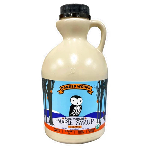 BARRED WOODS Organic Vermont Maple Syrup - Grade B - Now Called Grade A Dark Robust - 100% Pure and All-Natural - One Quart Jug - From Barred Woods Maple