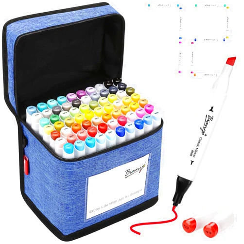 Bianyo 72 Primary Colors Alcohol Marker Set, Bullet & Chisel Dual Tip Art Marker Set for Artist, Adults Coloring, Drawing, Sketching, 71 Classic Colors+1 Blender+1 Swatch+1 Blue Travel Case
