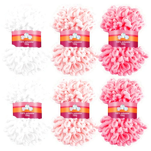 Threlaco 6 Pack Loops Yarn Bulk for Finger Knitting Soft Chunky Yarn 600 G/ 6 Skeins for Beginners DIY Hand Knitting No Needles or Hooks (White, Pink, Carmine)