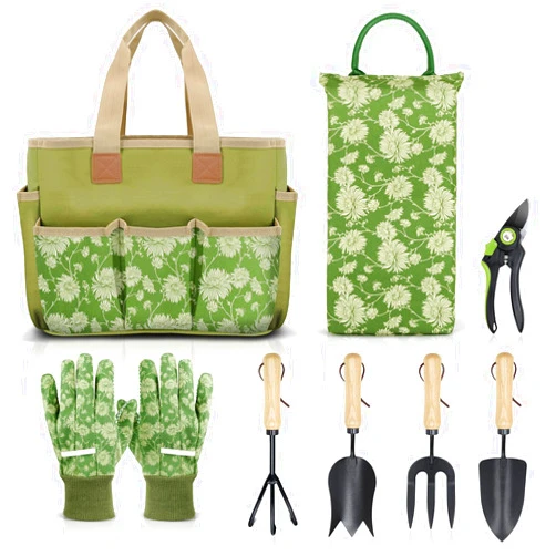 Colwelt Garden Tools Set, 8 Piece, Heavy Duty Gardening Tools with Wooden Handle, Including Garden Tote, Kneeling Pad, Gloves, Pruner, Trowel, Tulip Trowel, Cultivator - Gardening Gifts for Women Men