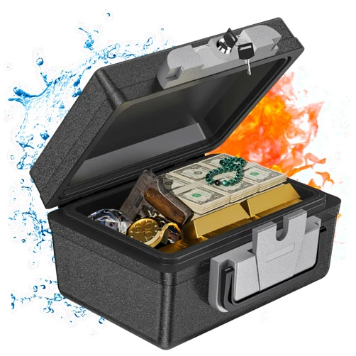 WASJOYE Fireproof Waterproof Safe Box with Key Lock, 0.5 Cubic Feet, Portable Safe Box for Home Car Business Office Outdoor Documents Passport Cash Valuables, 6.6 x 12.7 x 15.3 inche, Black