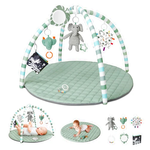 Blissful Diary Baby Play Gym Mat, Tummy Time Mat with 6 Detachable Toys for Stage-Based Sensory & Motor Skill Development, Baby Activity Mat Easy to Install & Clean, Baby Essentials Gift, Sage Green