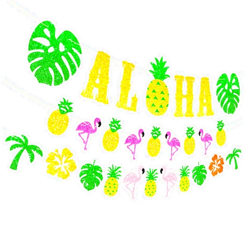 MOAXMOA Hawaiian Aloha Party Decoration Set, Gold Glitter Aloha Banner, Pineapple Flamingo Palm Leaves and Flower Design Garland for Hawaiian Luau Tropical Summer Theme Birthday Party Supplies 3 Set