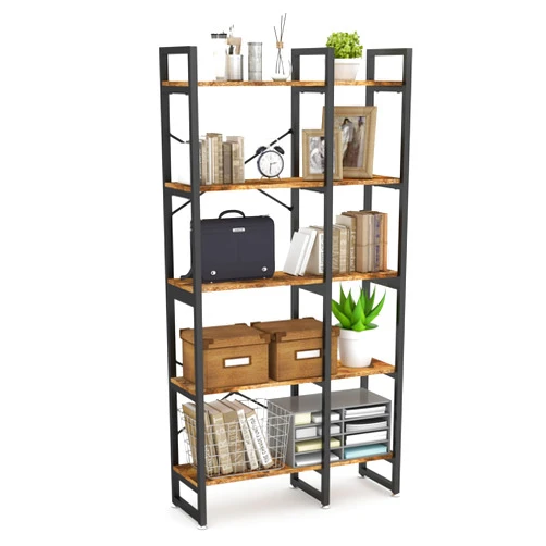 Easyzon 5 Tier Bookshelf and Bookcase, Rustic Industrial Bookshelf, Large Etagere Bookshelf Open Display Shleves with Metal Frame for Living Room Bedroom Home Office