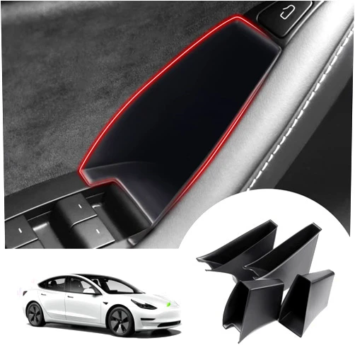 Autorder Custom Fit for Door Side Storage Box Tesla Model 3 2017-2023/ Model Y 2020-2023 Accessories Armrest Phone Container Door Organizer Handle Pocket Tray Black Set of 4