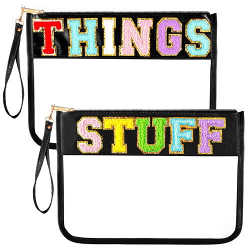Sanwuta 2 Pcs Chenille Letter Clear Zipper Pouch Clear Cosmetic Bag Clear Purse Clear Makeup Letter Bag Stadium Purse Bag Transparent Travel Patch Pouch (Things Stuff, 11.8 x 8.2 Inch)