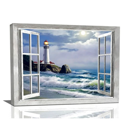 Banonaty Lighthouse Nautical Wall Art Coastal Beach Pictures Wall Decor Ocean Canvas Prints Window Decorations Painting Framed Artwork Office Home Decor For Bathroom Bedroom Dining Living Room 16