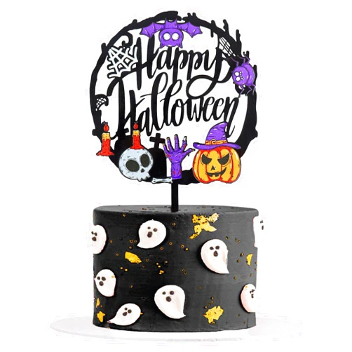 Ercadio 1PCS Halloween Circle Acrylic Cupcake Toppers Glitter Pumpkin Spider Bat Skull Happy Halloween Day Cupcake Picks for Halloween Theme Birthday Party Cake Decorations Supplies