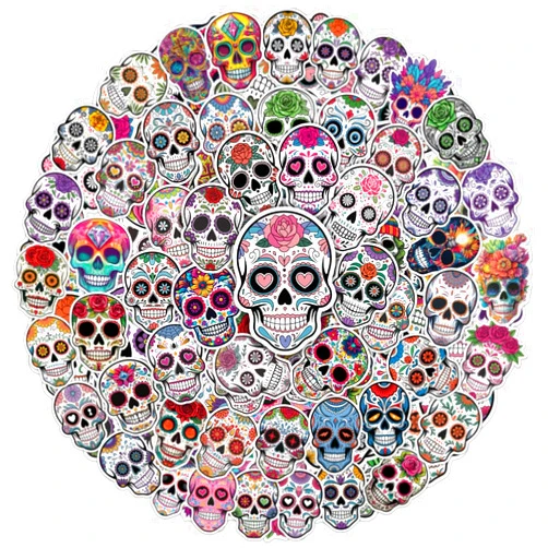 Minhluky 64pcs Skull Stickers -Candy Sugar Skull Sticker Waterproof Decals for Water Bottles Laptop Luggage Computer Scrapbooking Teens Adults Girls Kids Funny Party Birthday Decorations