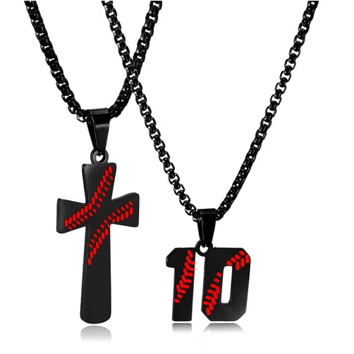 RWQIAN 2PCS Baseball Necklace for Boys Baseball Number Pendant Necklace Stainless Steel Mens Baseball Cross and Number Chain Set,I CAN DO ALL THINGS Strength Bible Verse Cross Necklace Sport Jewelry
