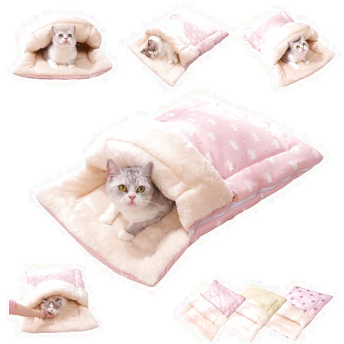 JCATPD Cat Winter Sleeping Bag, Cat Sleeping Bag for Indoor Cats, Self Warming Cat Bed Cave, Soft Plush Cat Sack Warm Winter Cat Sleeping Bag Bed with Cave Cozy Pet Mat for Kitten (Pink A, M-19.7x27.6in)