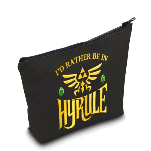 LEVLO Cartoon Game Cosmetic Bag Gamer Inspired Gift I'd Rather Be In Hyrule Makeup Zipper Pouch Bag (Hyrule Black)