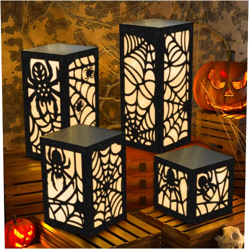 OuMuaMua 4 Pcs Halloween Party Decorations Indoor Halloween Table Centerpieces Boxes, Light up Spider Web Paper Lanterns with Led Lights for Spooky Party Supplies Home Decor