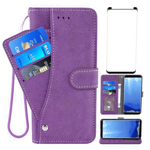 Asuwish Compatible with Samsung Galaxy S9 Plus Wallet Case and Tempered Glass Screen Protector Flip Cover Card Holder Cell Accessories Phone Cases for Glaxay S9+ 9S 9+ S 9 9plus S9plus Women Purple