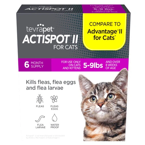TevraPet Actispot II Flea Treatment for Small and Medium Cats 5-9 lbs | 6 Doses | Powerful Prevention and Control, Clear
