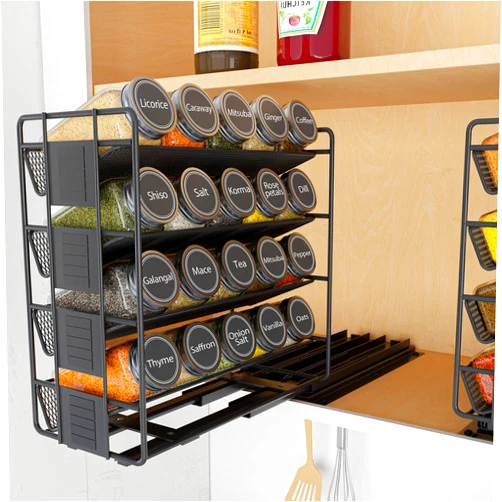 SpaceAid Pull Out Spice Rack Organizer with 20 Jars, Heavy Duty Slide Out Seasoning Organizer for Kitchen Cabinets, with 801 Labels and Chalk Marker, Right Facing
