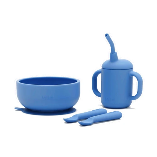 Lalo First Bites Silicone Baby Feeding Set - Baby Led Weaning Supplies - Non-Toxic Silicone - Includes 2 Spoons, Training Cup, & Suction Bowl - 4 Pieces - Blueberry