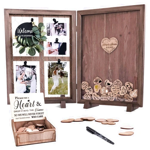 Y&K Homish Wedding Guest Book Alternative, Rustic Wedding Decorations for Reception, Favors for Guests 80 Hearts Green Wreath (Rustic Brown)