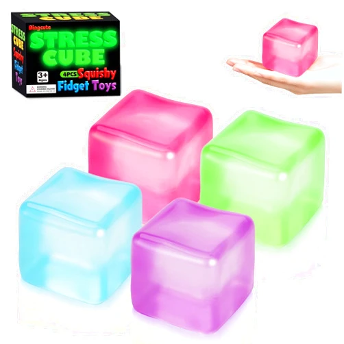 Bingcute 4 Pcs Stress Cube Glow in The Dark, Slow Rising Squishy Fidget Toys for Adults Teens Boys Girls Anxiety Relief Squeeze Stress Balls Sensory Toys for Kids with Autism Party Favors Gifts