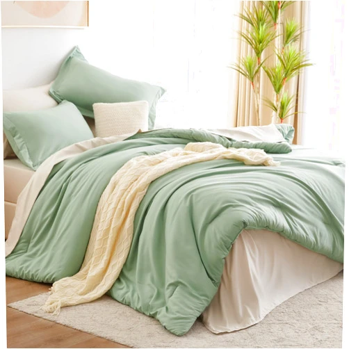 CozyLux Sage Green Comforter Set Queen 7 Pieces Queen Bedding Set Contrasting Design with Comforter, Flat Sheets, Fitted Sheet, Pillowcases & Shams, Boho Bed in a Bag Queen for All Season