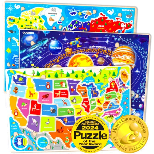 QUOKKA Wooden Puzzles for Kids Ages 4-6 – 3 Educational Wood Toddler Puzzles Ages 3-5 – Learning United States Toddler Game Puzzles Ages 2-4 – Gift World, Space and USA Maps for Boys and Girls