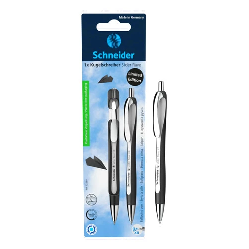 Schneider® Limited Edition Slider Rave Black, XB (Extra Broad) Ballpoint Pen, Refillable + Retractable, 1.4 mm, White-Black Barrel, Blue Ink, Blister Pack of 1 Pen (73260)
