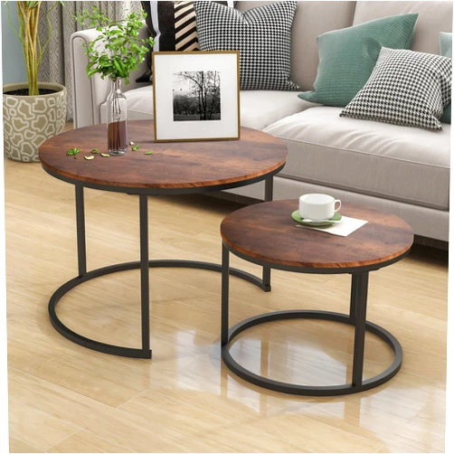 HOJINLINERO Industrial Round Coffee Table Set of 2 End Table for Living Room,Stacking Side Tables, Sturdy and Easy Assembly,Wood Look Accent Furniture with Metal Frame,Black+Rustic Brown