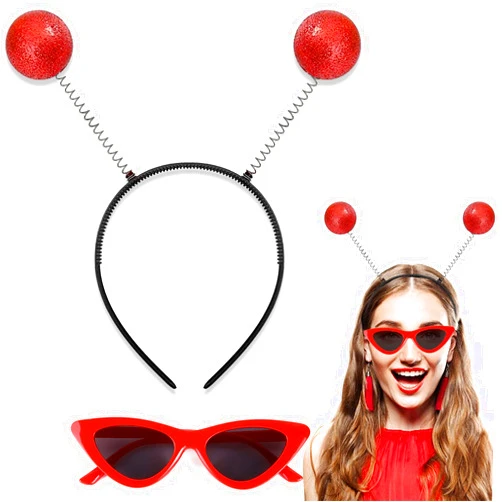 Cleacloud Ladybug Alien Headband and Glasses Set, Red Ladybug Antenna Headband with Lady Bug Sunglasses, Alien Costumes Halloween Cosplay Party Favors for Women, Men