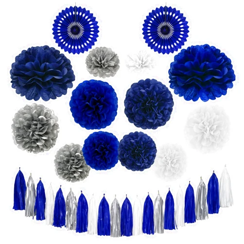 Envibe Navy Blue White Silver Party Decorations, Tissue Paper Pom Poms for Blue Birthday Decorations, Baby Boy Showers, Wedding, Bridal Shower Decorations, 34 Pcs Graduation Party Decorations.