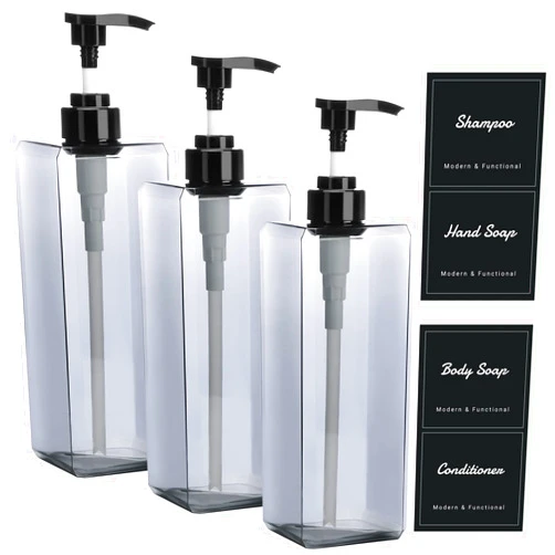 Suream 33.8oz Refillable Shampoo Bottles for Shower, 3Packs 1000ml Large Empty Pump Dispenser with 4PCS Lables for Shampoo, Body Soap, Hand Soap, Conditioner, for Bathroom, Kitchen, Hotel, Salon, SPA