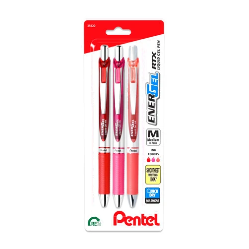 Pentel EnerGel RTX Retractable Liquid Gel Pen, 0.7mm, Journaling Hue, Red, Pink and Coral Ink, Pack of 3 Pens (BL77RBJBP3M)
