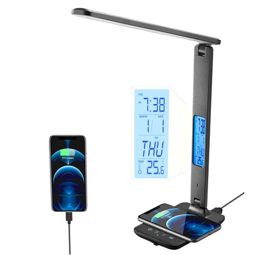 poukaran LED Desk Lamp with Wireless Charger, USB Charging Port, Table Lamp with Clock, Alarm, Date, Temperature, Desk Lamps for Home Office,Black