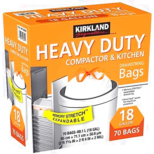 KIRKLAND SIGNATURE Compactor Kitchen Trash Bag with Gripping Drawstring Secure Full Size, New Edition