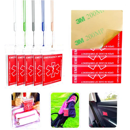 HoHpHq Emergency Contact Card 12 Pack with 10 Card Sleeves - Child ID Card for Car Seat Safety Stickers and Backpack Tags for Kids - Life Alert for Travel,Camping,Medical Fokder,Daycare Essential