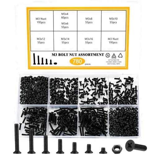YOUYIDUN Countersunk Head Phillips Screws and Hex Nuts Assortment Kit, 780 Pcs Flat Head Machine Screws Bolts and Nuts Set, M3 x 4mm/6mm/8mm/10mm/12mm/16mm/20mm, Black (A)