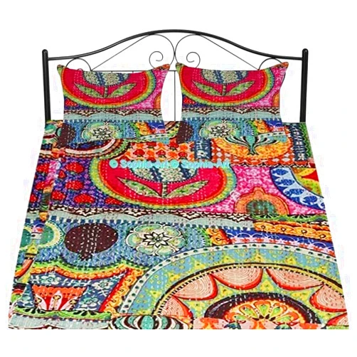 Sophia-Art Bohemian Hand Block Ajrak Vintage Print Bedspread Kantha Bed Cover, Sofa Cover Hand Stitch Throw Quilt (Multi Print, King 90 * 108 Inches with Sham Cover)
