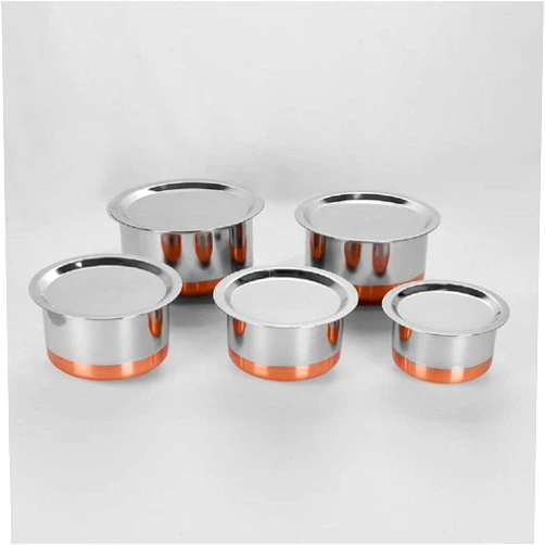 Dealnicy Stainless Steel Copper Bottom Cookware Set with Lid | Tope with lid | Patila | Tapeli | Kitchen Cooking and Serving Bowl | Dining Set | Pot Sets (Silver)(5 Piece Tope with 5 Piece Lid)