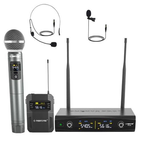 Phenyx Pro Wireless Microphone System,Metal Wireless Mic Set with Handheld Microphone/Bodypack/Headset/Lapel Mics,2 x 30 UHF Frequencies, Cordless Mic for Singing, Karaoke, Church, DJ(PTU-52-1H1B)